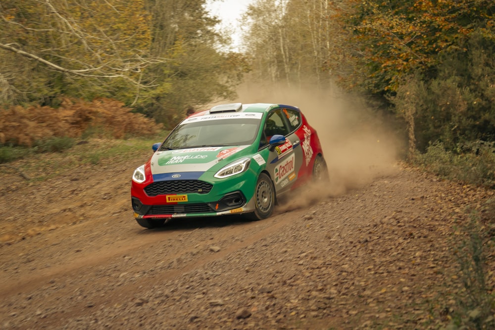 a car driving on a dirt road