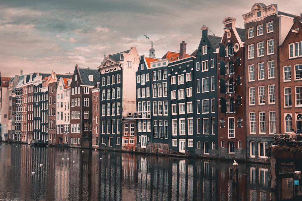 a row of buildings next to a body of water