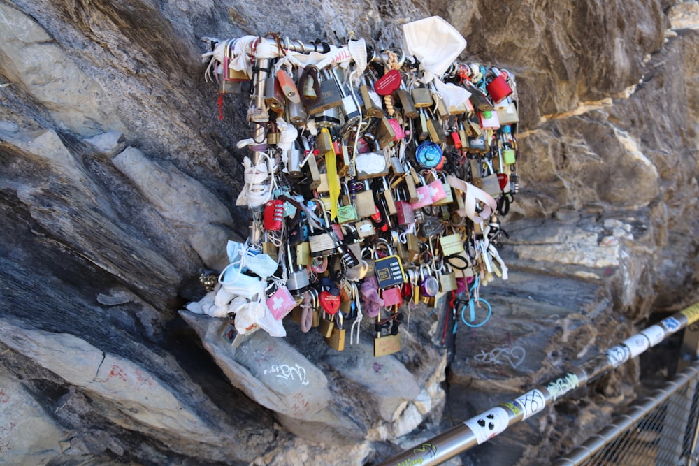 a pile of clothes on a rocky surface