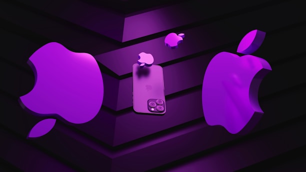 A stylized representation of multiple iconic apple logos and a smartphone, all depicted in a bright purple hue. The objects are arranged against a dark, striped background, creating a stark contrast and highlighting the vibrant color of the apples and the phone.