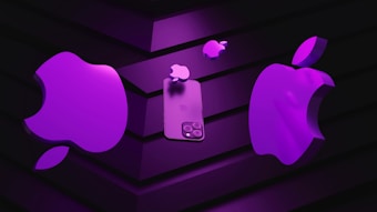 A stylized representation of multiple iconic apple logos and a smartphone, all depicted in a bright purple hue. The objects are arranged against a dark, striped background, creating a stark contrast and highlighting the vibrant color of the apples and the phone.