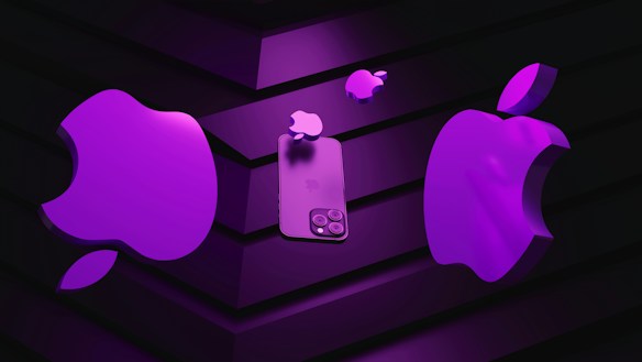 A stylized representation of multiple iconic apple logos and a smartphone, all depicted in a bright purple hue. The objects are arranged against a dark, striped background, creating a stark contrast and highlighting the vibrant color of the apples and the phone.