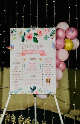 A decorative sign celebrating Annika Sasha's first birthday, featuring floral designs, butterflies, and information about Annika such as her weight, height, and likes. It is placed on a stand surrounded by strings of lights and balloons in pink, yellow, and white colors.