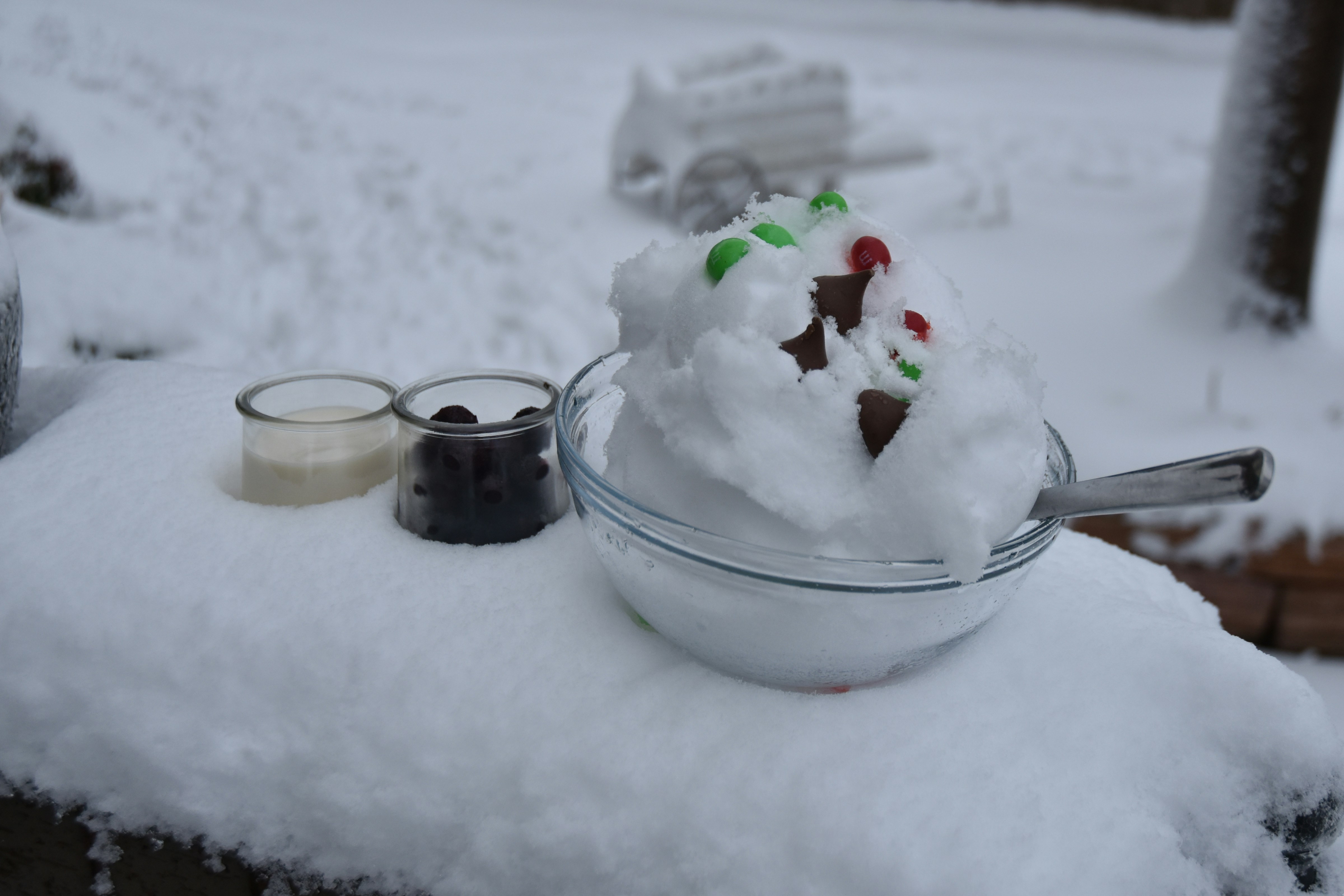a plate of food and a fork in the snow