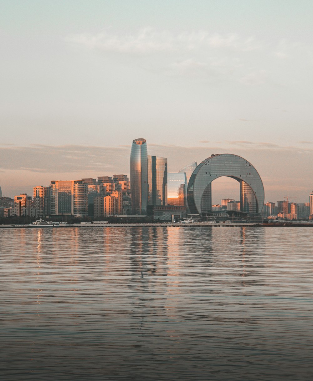 a city skyline with a bridge