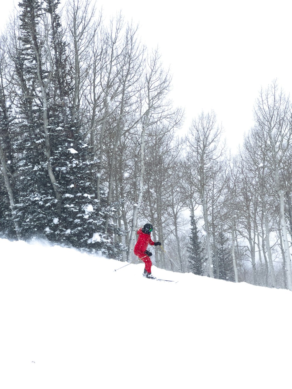 a person skiing down a snowy hill