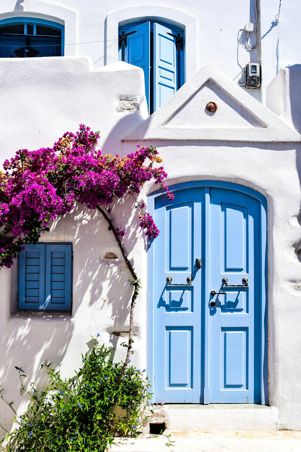 uma porta azul com flores sobre ela
