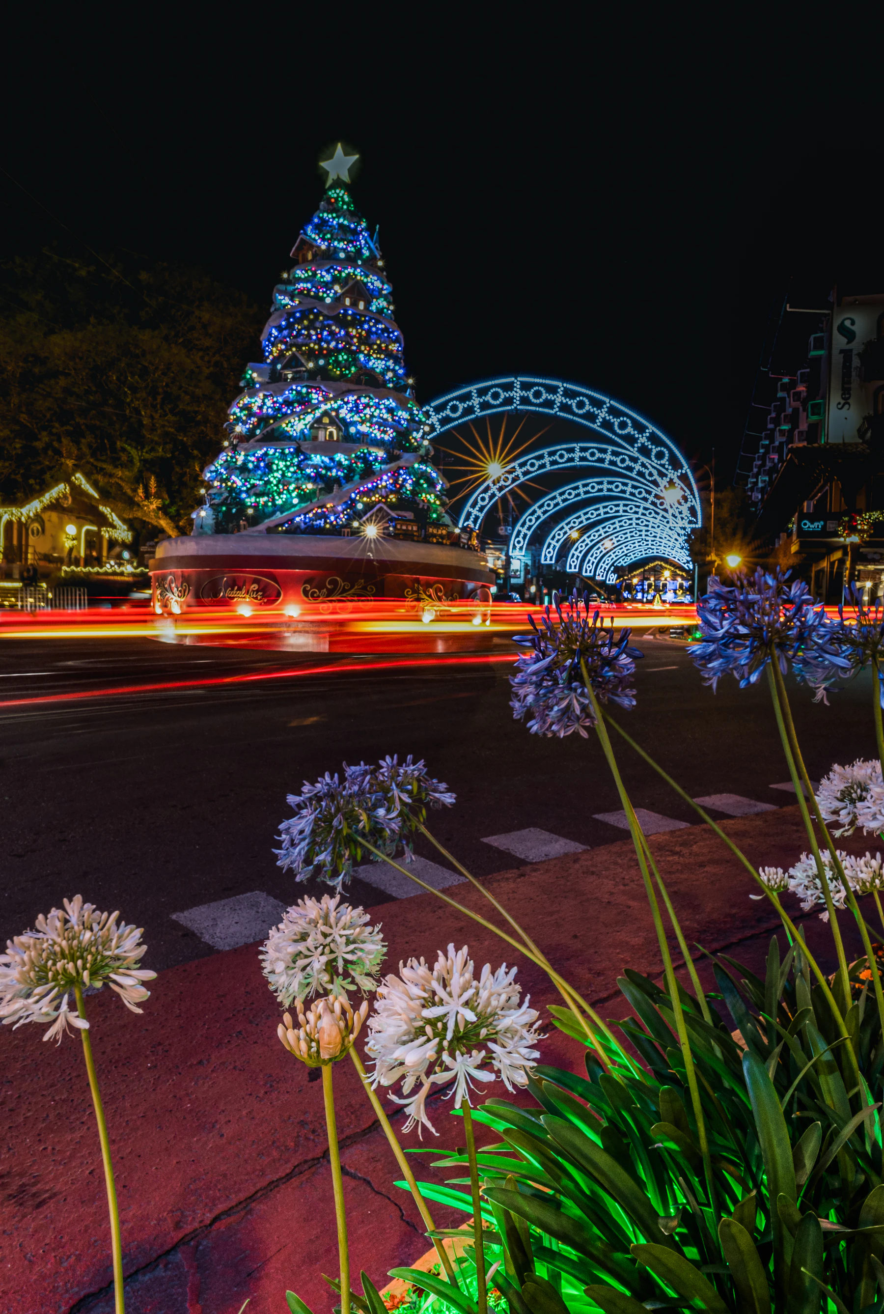 Rua de Gramado à noite com luzes de Natal