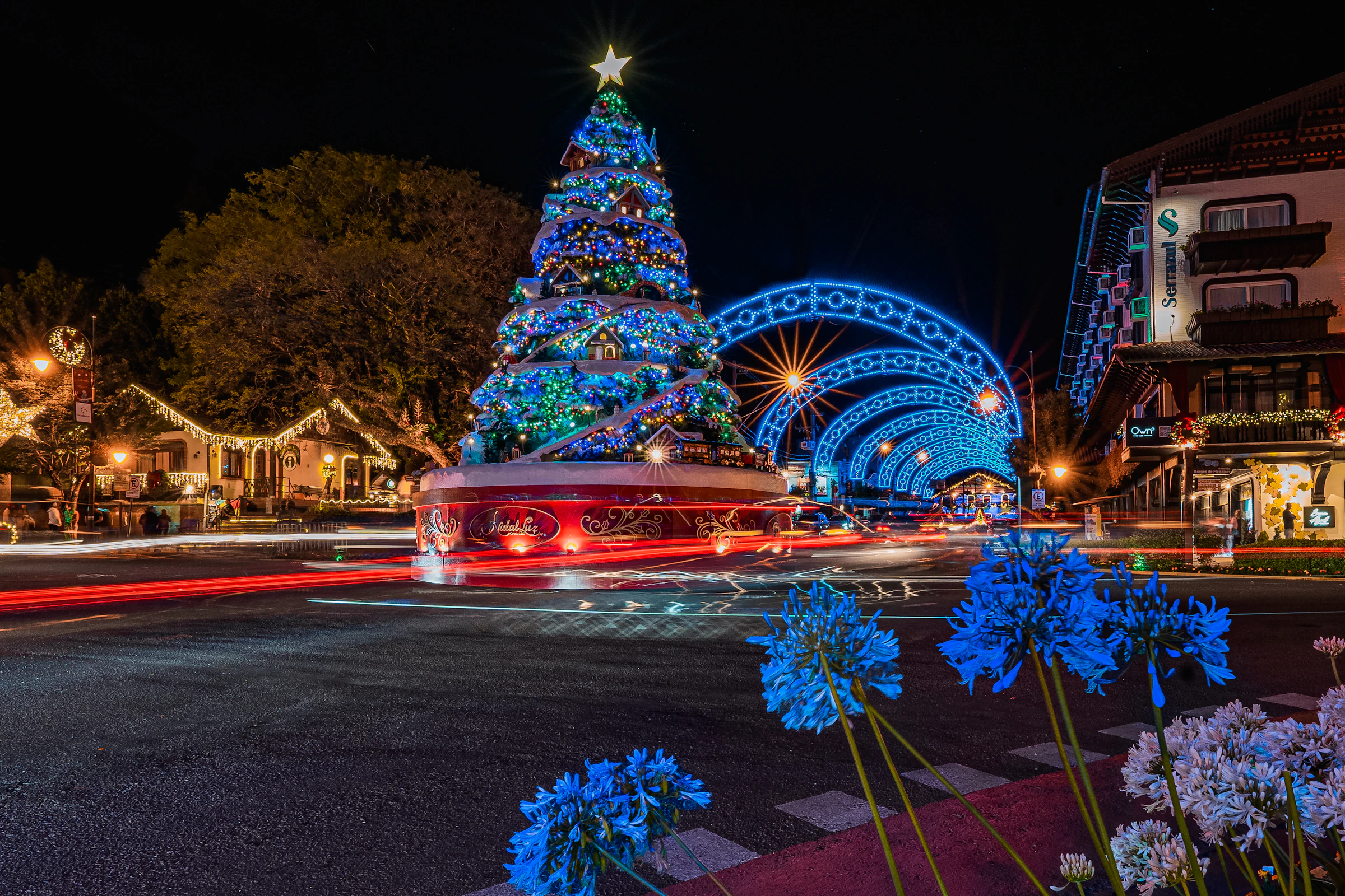Árvore e rua iluminadas durante o Natal Luz em Gramado à noite