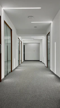 A sleek, modern apartment hallway freshly renovated with charcoal gray walls, gold accents, and bright lighting.