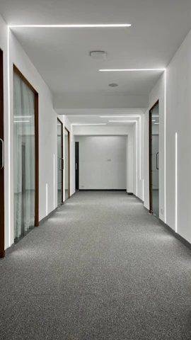 A sleek, modern apartment hallway freshly renovated with charcoal gray walls, gold accents, and polished flooring reflecting luxury and speed.