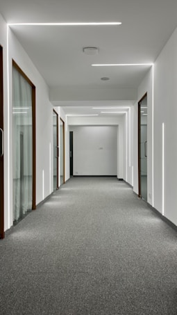 A modern, well-lit hallway with a gray carpeted floor and minimalist design. The walls are white with vertical lights installed, and there are glass doorways framed with wood on either side. The ceiling also features sleek, linear light fixtures.