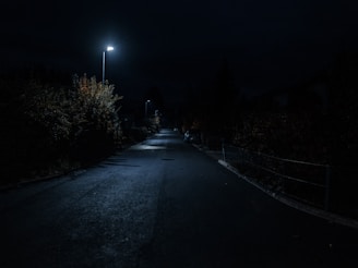 a person riding a bicycle on a road at night