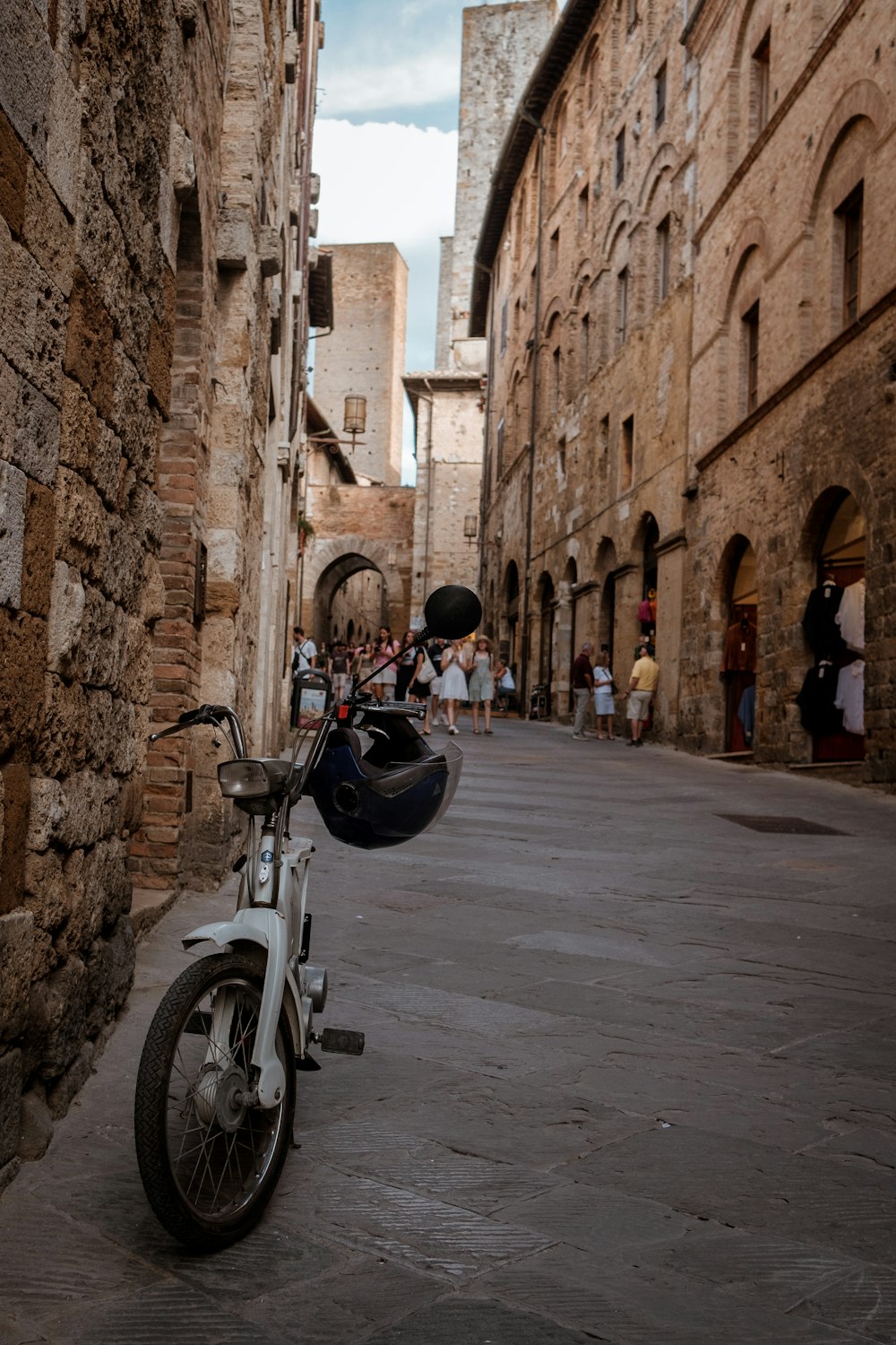 a bicycle parked on a street