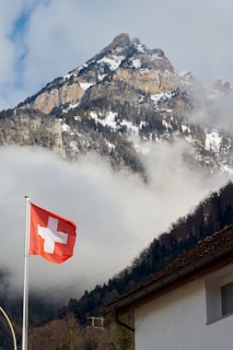 a flag on a pole in front of a mountain