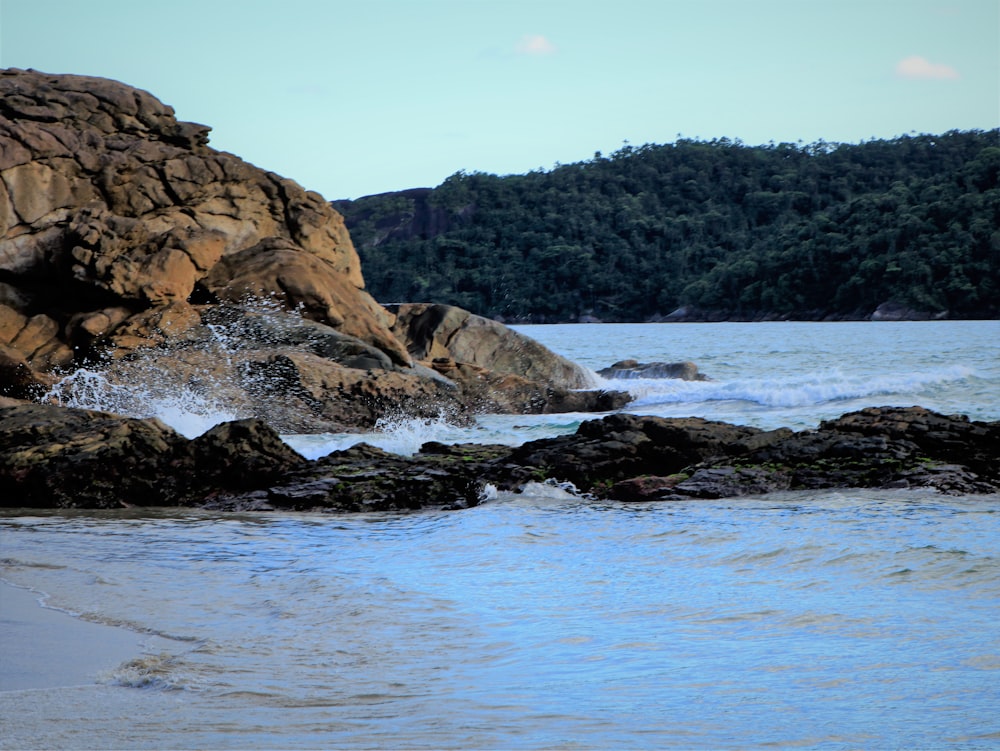 a rocky beach with a hill in the background