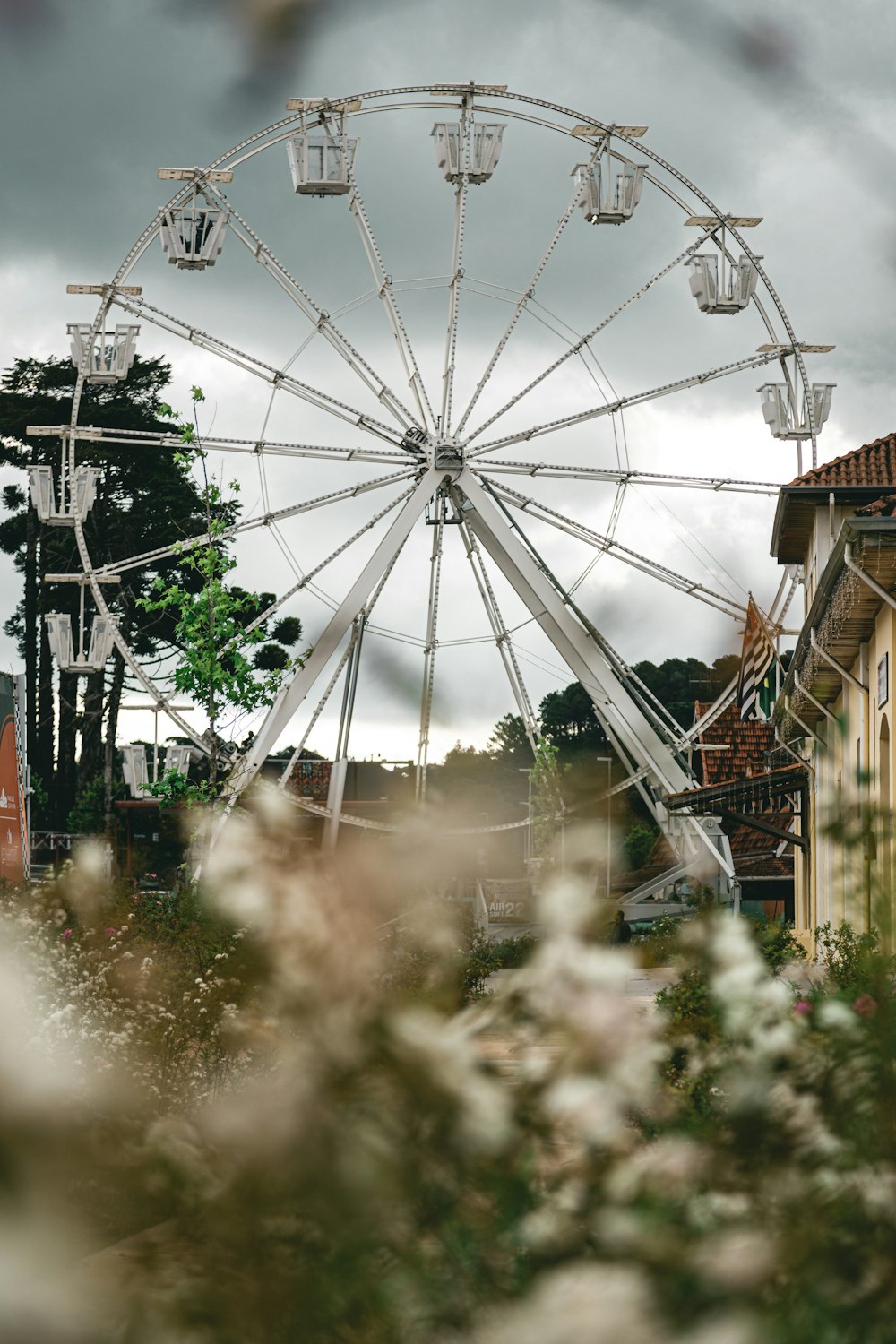 a ferris wheel with trees and buildings around it