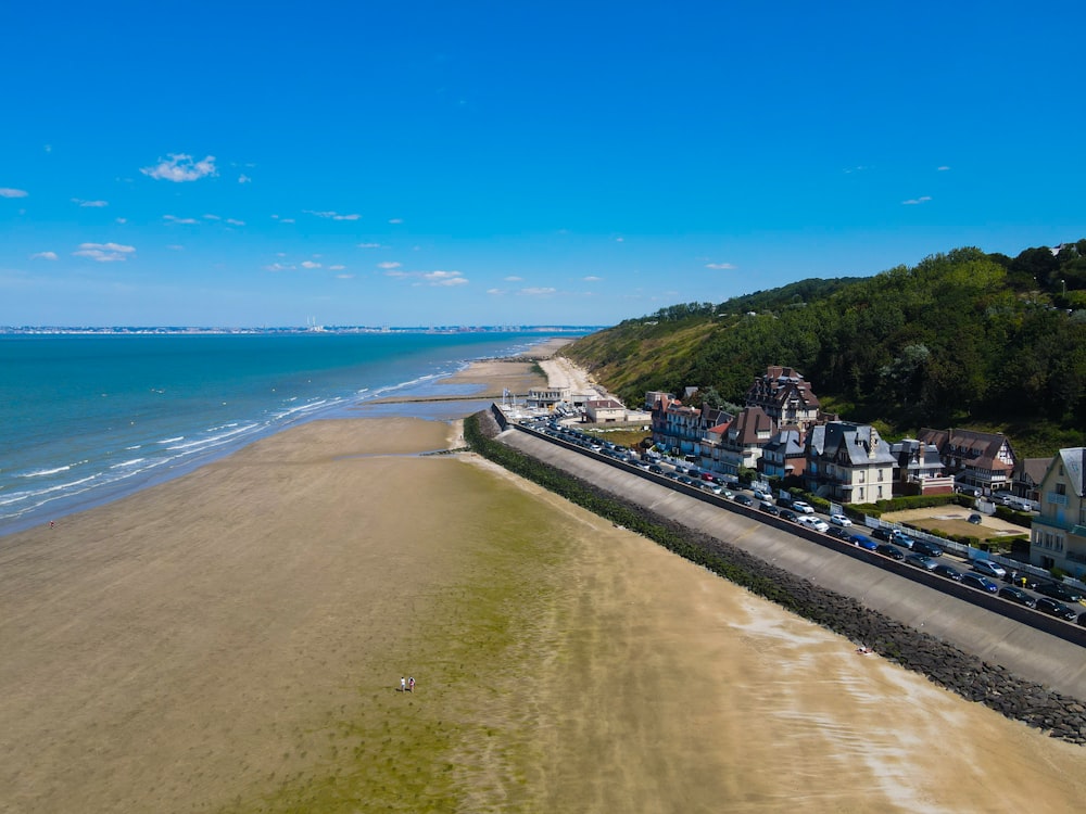 a beach with houses and trees