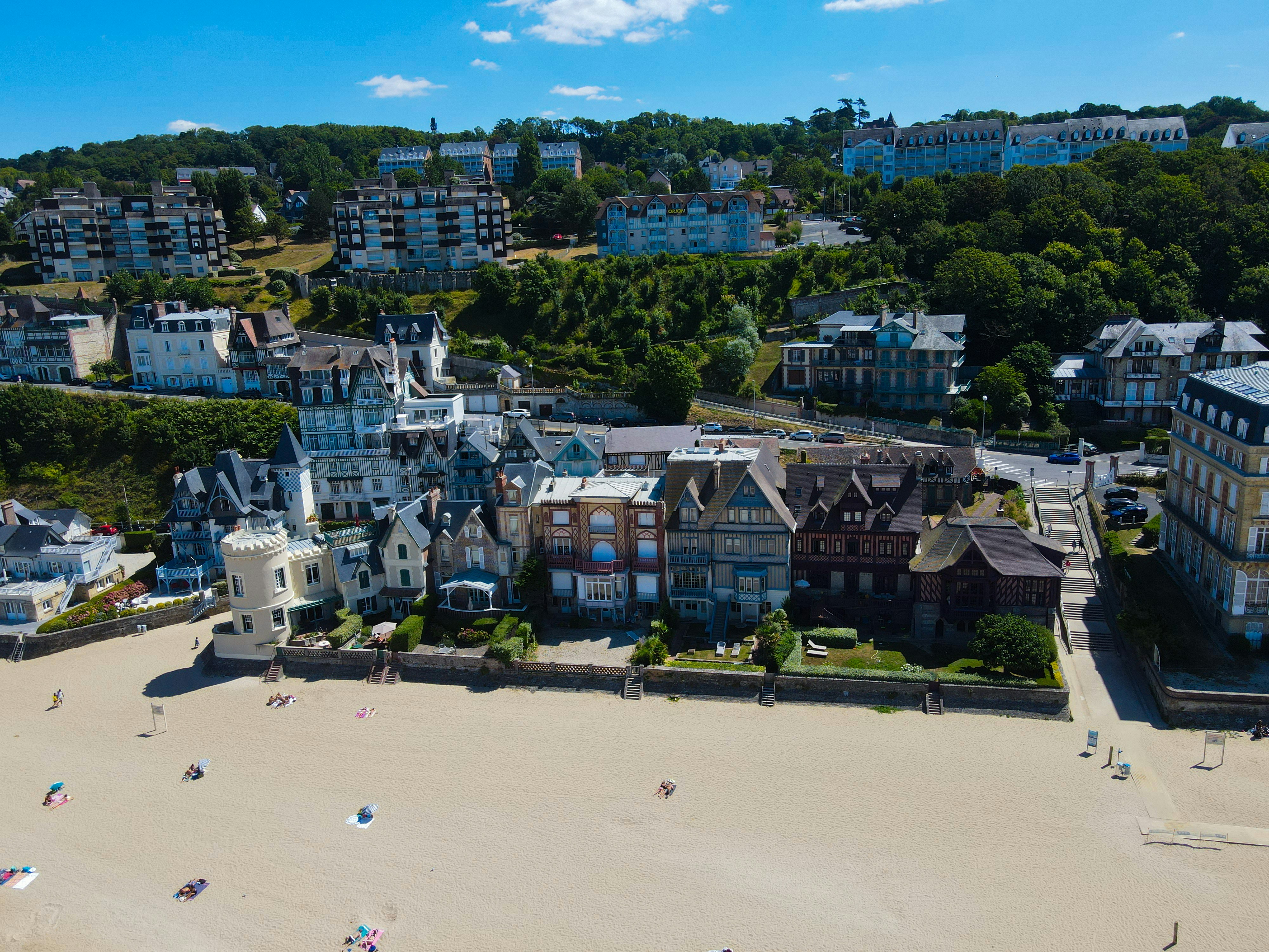 a beach with buildings and trees
