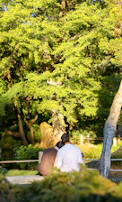A warm, smiling couple enjoying a sunny park bench, symbolizing new beginnings.