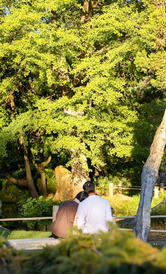 A warm, inviting scene of two people smiling and relaxing together on a sunny park bench, sharing a peaceful nap.