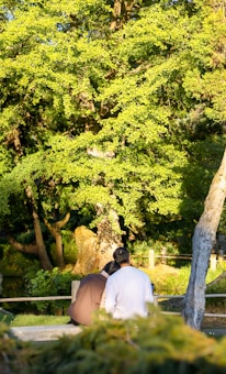 A couple sits closely together on a bench in a serene park, enveloped by lush green trees. Sunlight filters through the leaves, creating a warm and inviting atmosphere. The scene conveys a sense of tranquility and closeness, with the couple enjoying a peaceful moment in nature.