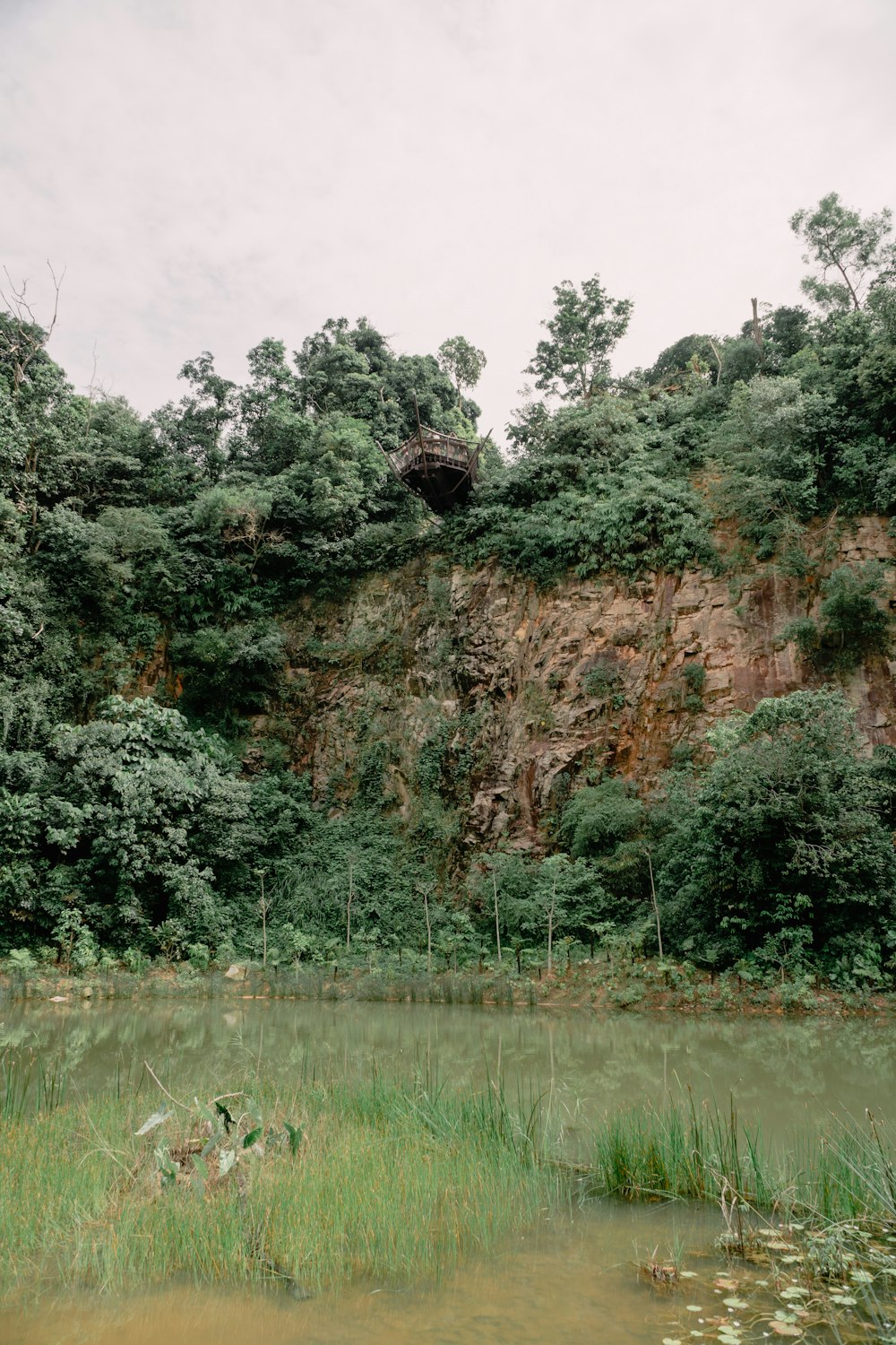 a body of water with trees and a hill in the background