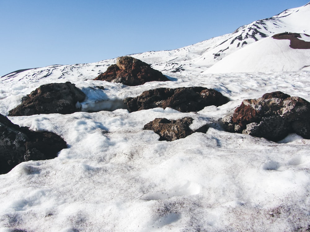 a snowy mountain with rocks