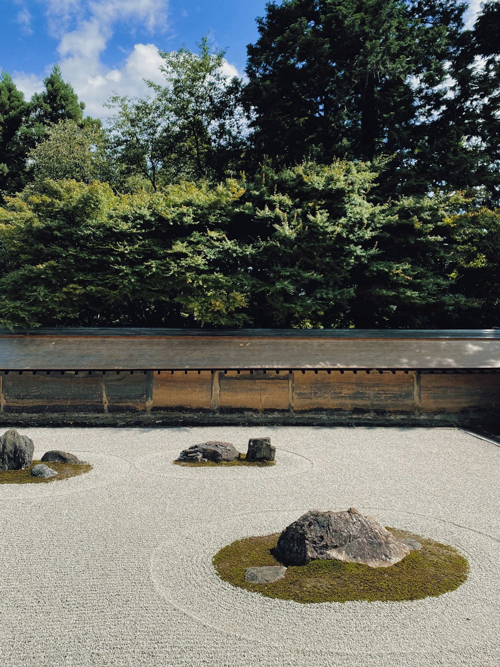 a wooden bench in front of a forest