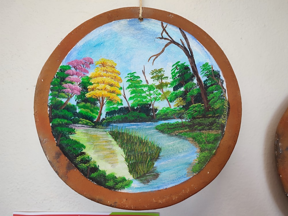 a round plate with trees and plants