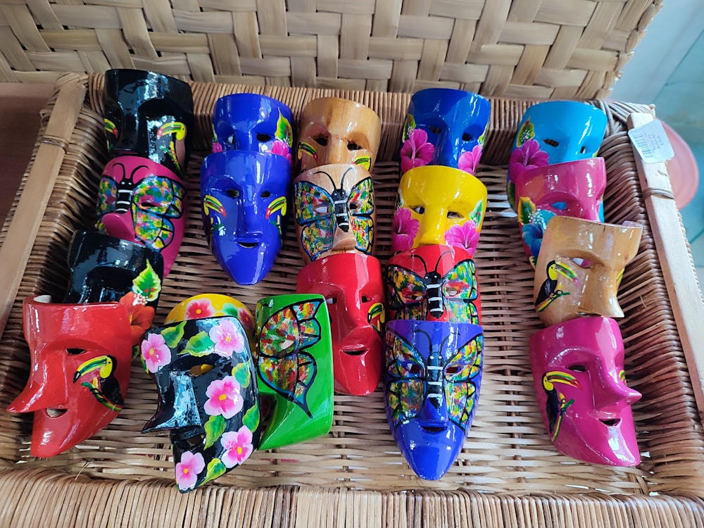 a group of colorful vases