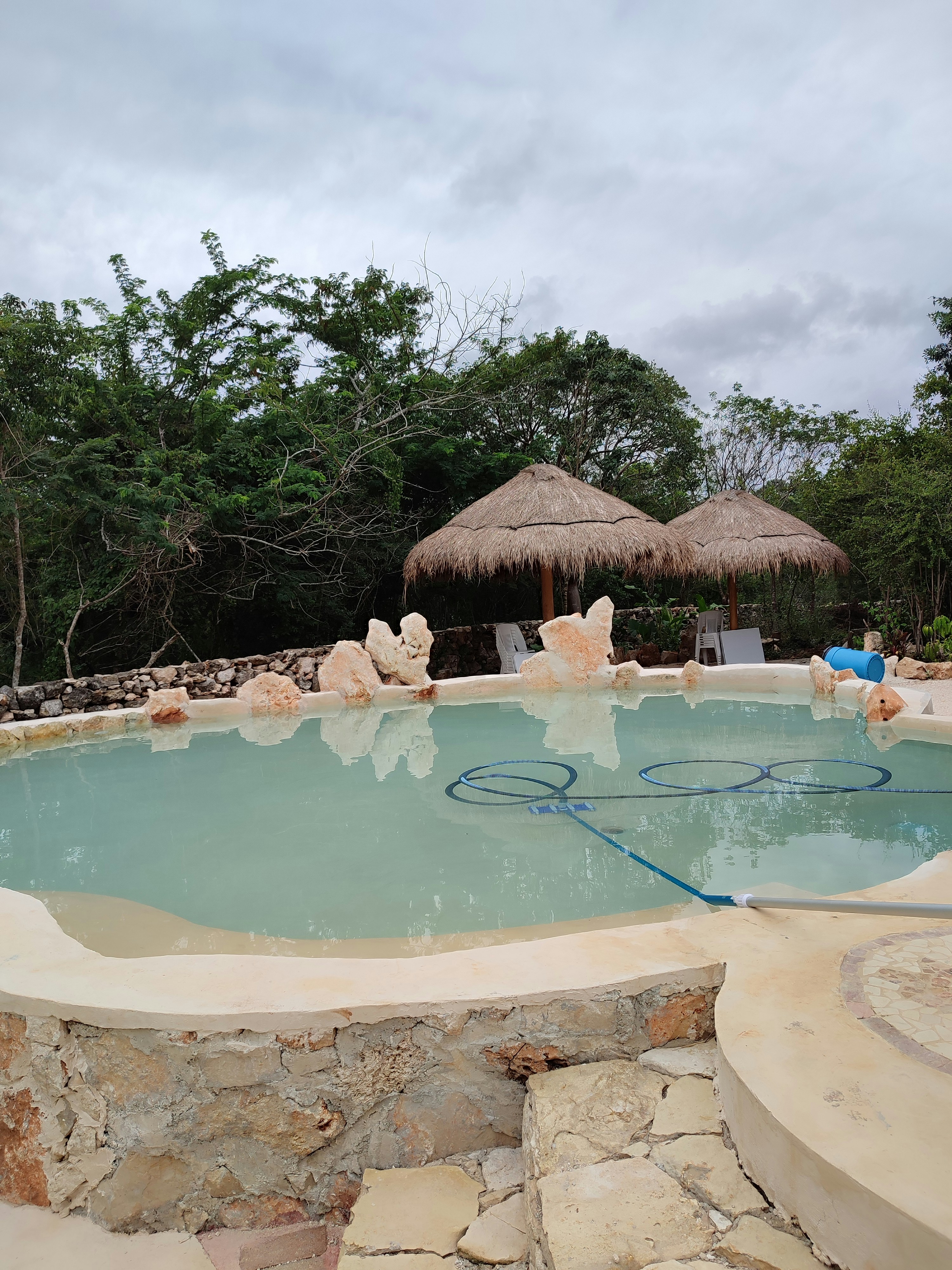 Boutique lodge pool with thatched umbrellas and lush garden near Victoria Falls