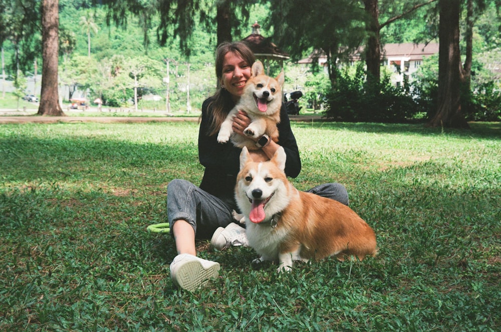 a person sitting on grass with two dogs