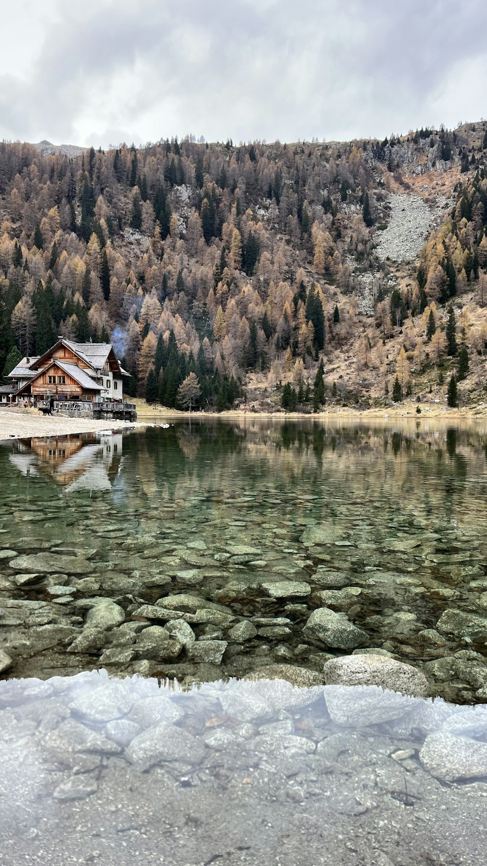a house on a rocky shore by a lake