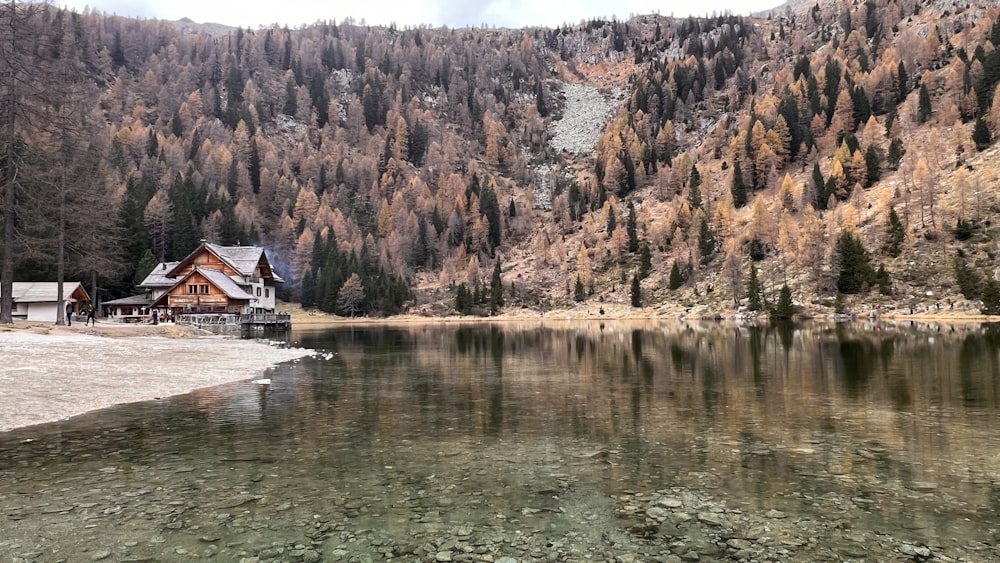 a house on a hill by a lake