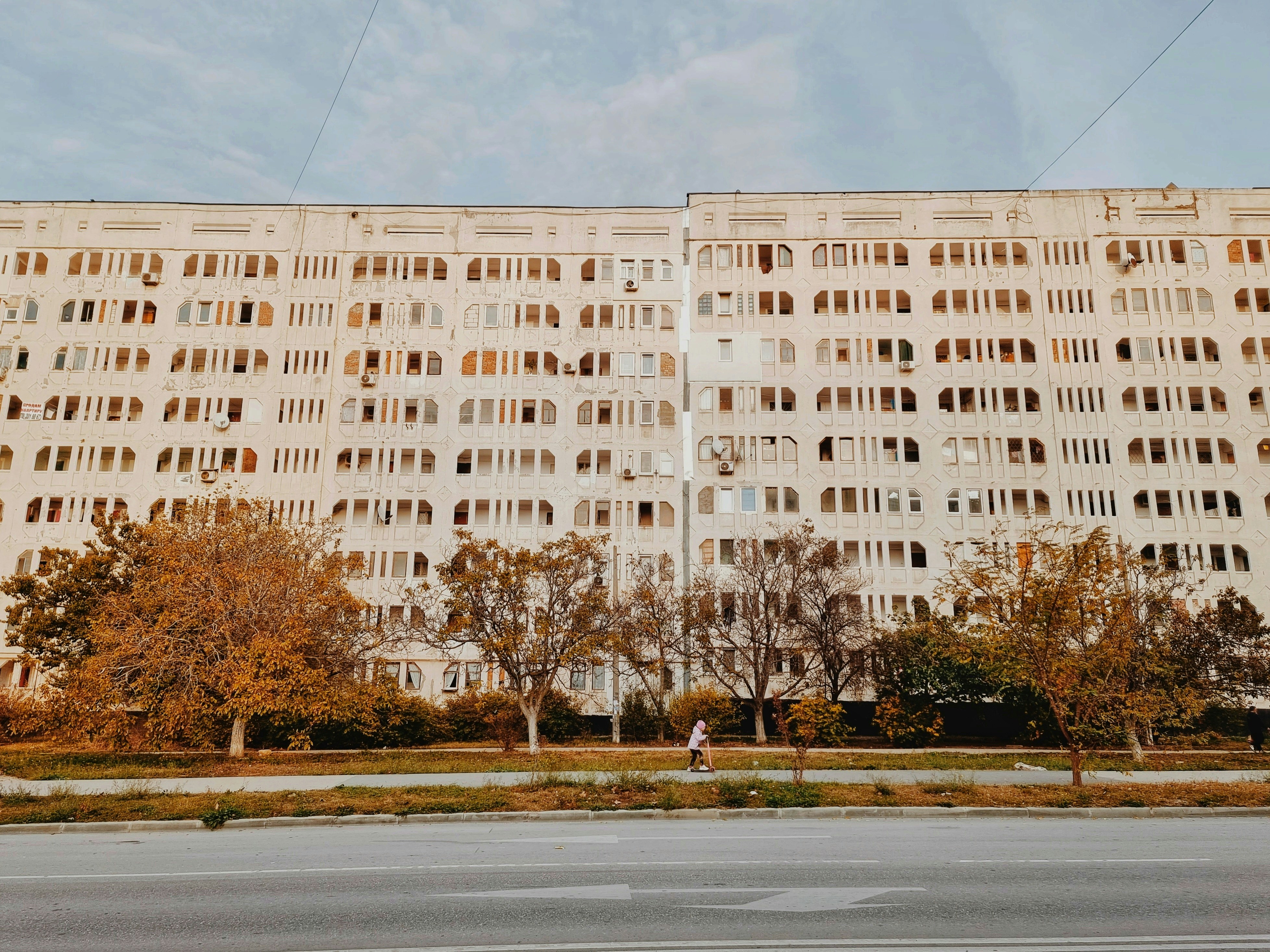 un grande edificio bianco con alberi di fronte ad esso