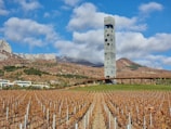 A tall, modern tower with circular windows stands prominently in a landscape with a vineyard in the foreground. The vineyard vines have autumnal foliage, creating a warm color palette. The background features rolling hills and rugged mountains under a partly cloudy sky.