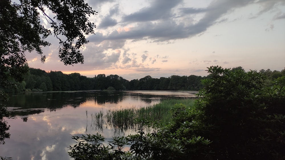 a lake with trees and clouds