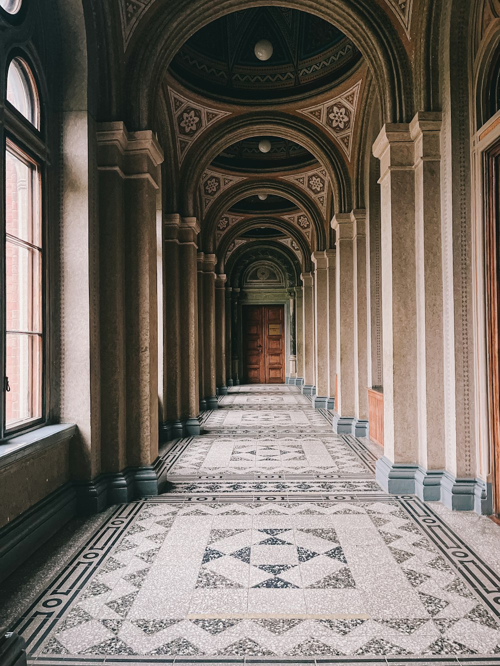 a large hallway with columns