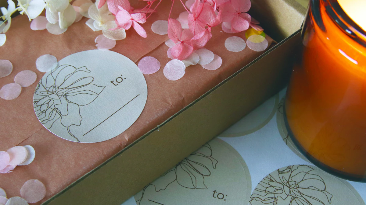 Embalagem com tags personalizadas e detalhes florais