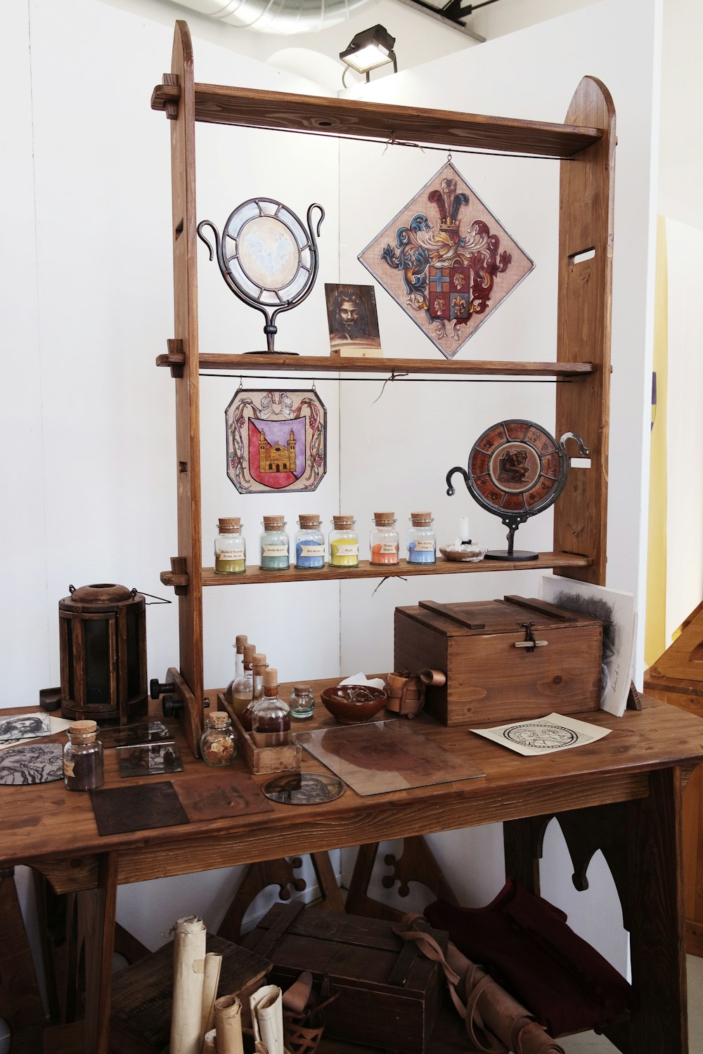 a shelf with objects on it