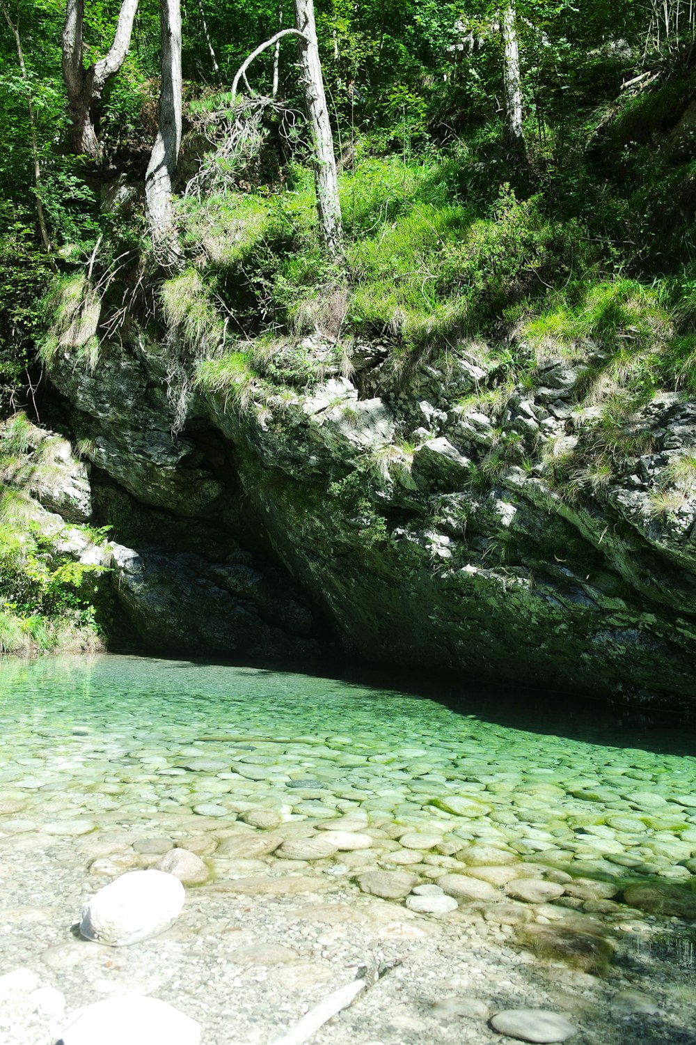 a river with a rock bridge