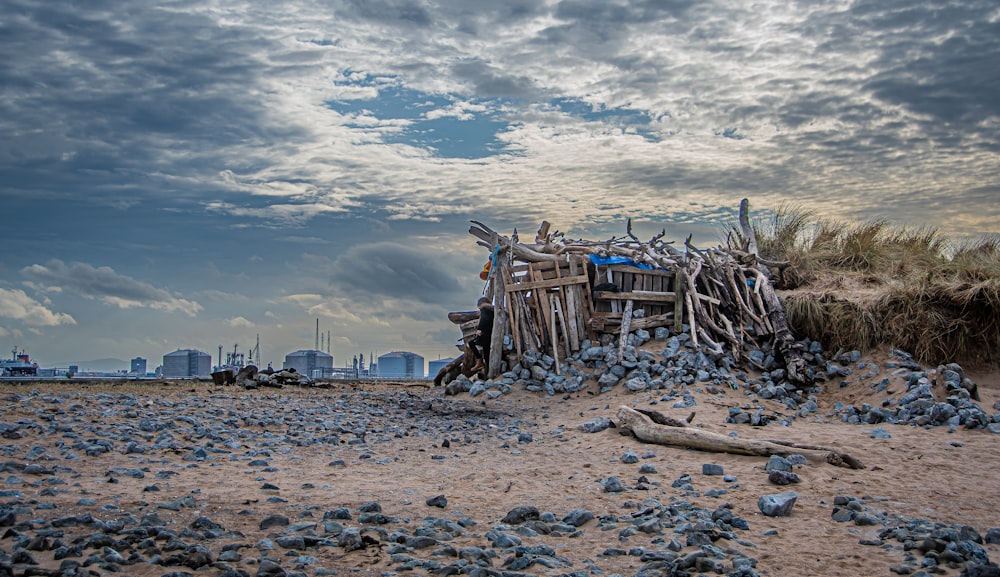 a pile of wood on a beach