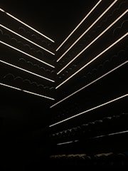 Several rows of wine bottles are stacked horizontally in a dimly lit storage area with narrow strips of light illuminating the shelves. The scene creates a sharp contrast between the dark environment and the subtle, glowing lines that highlight the outlines of the bottles.