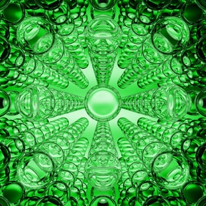 Fragmented deconstructivist graphic with asymmetric circles and expanding wave motifs in moss green