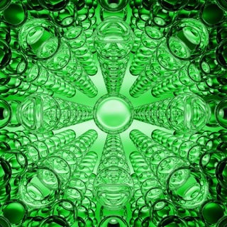 Fragmented deconstructivist graphic with asymmetric circles and expanding wave motifs in moss green