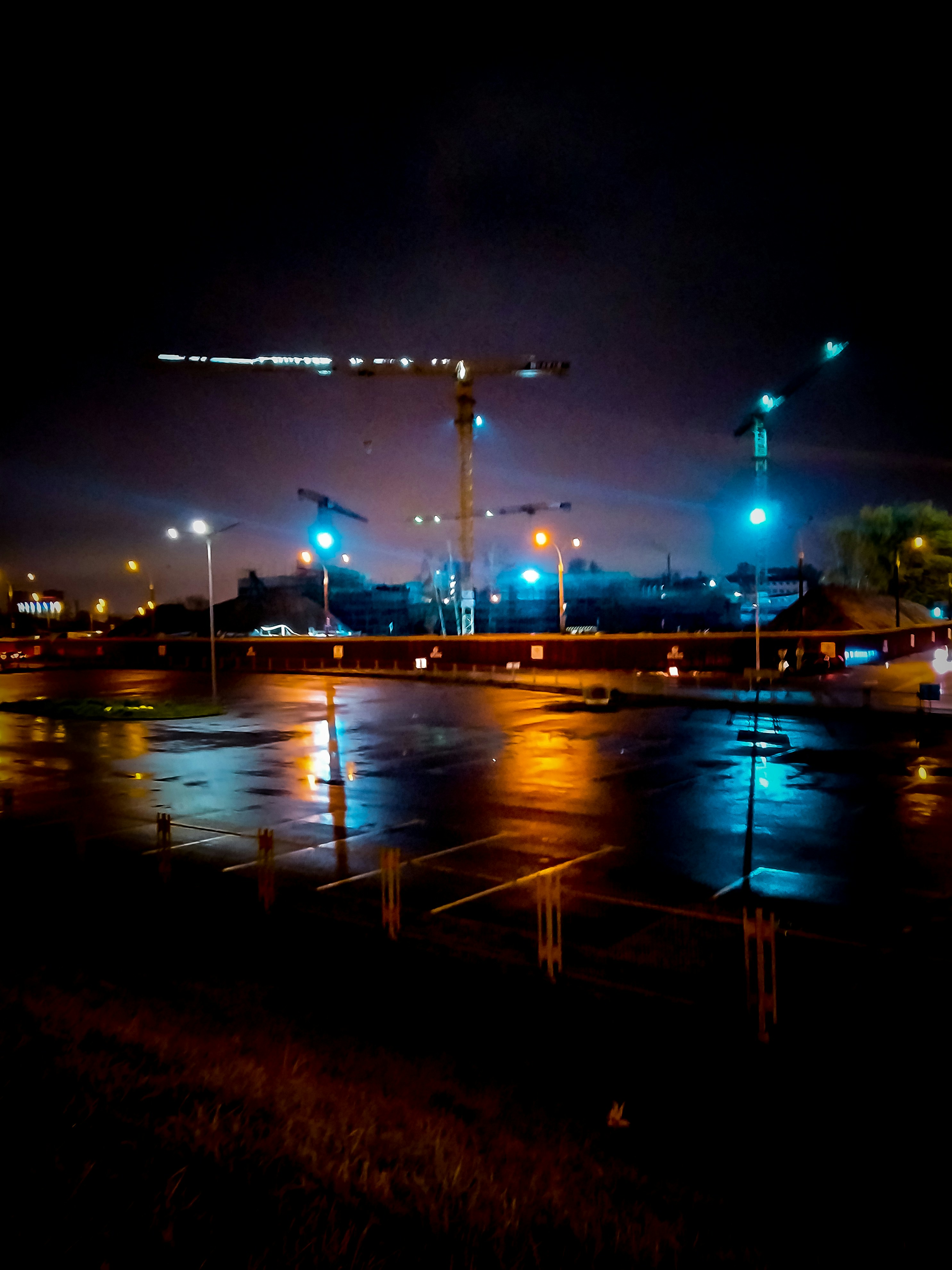 Powerful industrial led flood lights illuminating a parking lot