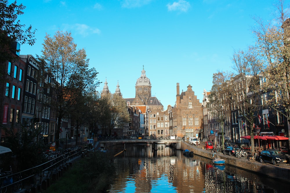 a river with buildings along it