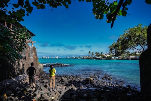 a couple of people standing on a rocky beach looking at the ocean