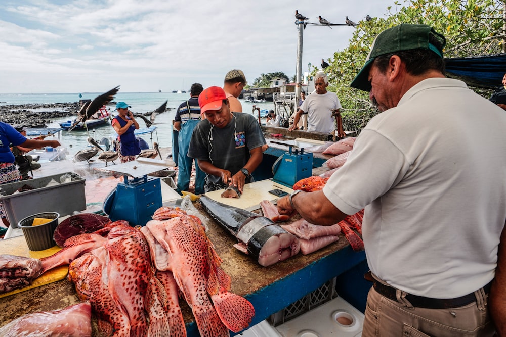 a group of people standing next to a table full of fish